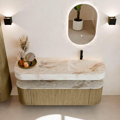 MONDIAZ THOR-DLUX 150cm meuble de salle de bains arrondi gauche + droite couleur Dusk avec 1 tiroir et 2 portes. Vasque suspendue CLOUD Droite 1 trou de robinet couleur Frappe.