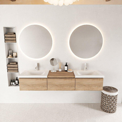 MONDIAZ BUKLA 180cm ensemble de meuble avec module 60 couleur Chêne blanchi avec 3 tiroirs. Lavabo CLOUD double 2 trous de robinet couleur Talc.