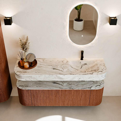 MONDIAZ THOR-DLUX 150cm meuble de salle de bains arrondi gauche + droite couleur Ruby avec 1 tiroir et 2 portes. Vasque suspendue CLOUD Droite 1 trou de robinet couleur Glace.