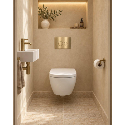QeramiQ Dely Swirl Compact Ensemble WC - réservoir encastré QeramiQ flush - abattant 25 mm - plaque de commande métallique laiton brossé (or) - boutons ronds - blanc mat