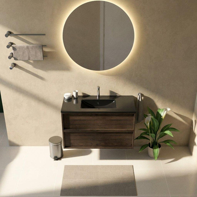 Saniclass Holz Frame Ensemble de meubles de salle de bains - 100x45x62cm - lavabo Vygo en céramique noir - 1 vasque - 1 trou de robinetterie - 2 tiroirs - chêne charcoal mat (bois)