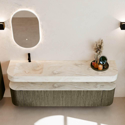 MONDIAZ THOR-DLUX Meuble de salle de bains 190cm arrondi gauche + droite couleur Shadow avec 2 tiroirs et 2 portes. Vasque suspendue CLOUD Gauche 1 trou de robinet couleur Ostra.