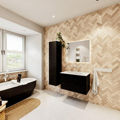 MONDIAZ VICA meuble sous lavabo 80cm Urban 2 tiroirs. Lavabo DENIA centre 1 trou de robinet, couleur Blanc Brillant.