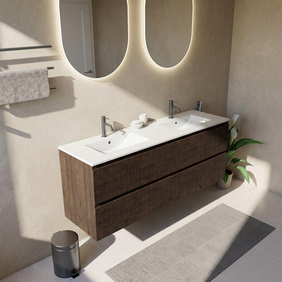 Saniclass Holz Atelier Ensemble de meubles de salle de bains - 160x45x62cm - Vygo lavabo en céramique blanc - 2 vasques - 2 trous de robinet - 4 tiroirs - chêne charcoal mat (bois)
