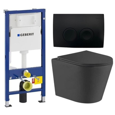QeramiQ Dely Pack WC avec bâti-support Geberit UP100, plaque de commande noire mate et cuvette avec abattant Noir mat