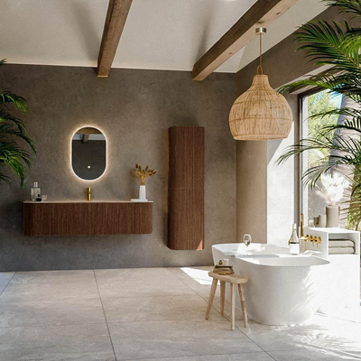 MONDIAZ KURVE-DLUX Meuble de salle de bains 160cm arrondi Gauche + Droite couleur Walnut avec 1 tiroir et 2 portes. Lavabo BIG MEDIUM Central 1 trou de robinet Arena.