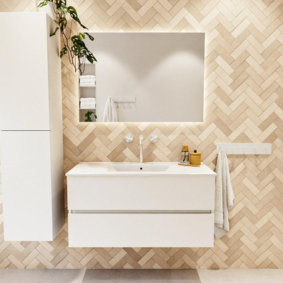 MONDIAZ VICA 100cm badmeubel onderkast Talc 2 lades. Wastafel DENIA midden 1 kraangat, kleur Glanzend Wit.