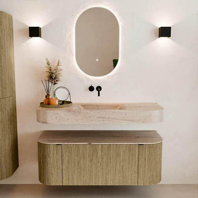 MONDIAZ THOR-DLUX 120cm badmeubel ronding links + rechts kleur Dusk met 1 lade en 2 deuren. Vrijhangende wastafel CLOUD Midden zonder kraangat kleur Saba.