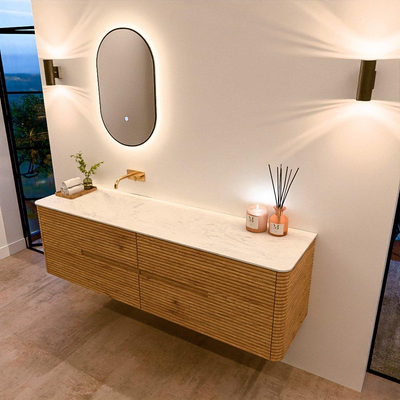 Mondiaz CIRO-DLUX Ensemble de meubles de salle de bains - 170x45x50cm - plan vasque en solid surface Opalo - 1 vasque à gauche - sans trous de robinet - 4 tiroirs - Chêne