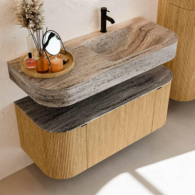 MONDIAZ THOR-DLUX 110cm badmeubel ronding links + rechts kleur Oak met 1 lade en 2 deuren. Vrijhangende wastafel CLOUD Rechts 1 kraangat kleur Oza.