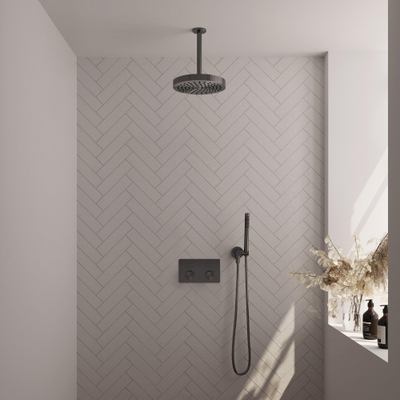 BRAUER Stripe Thermostatische Inbouw Regendouche - drukknoppen - SET 27 - 25cm douchekop - plafondarm - staaf handdouche - doucheslang - wandaansluitbocht - gunmetal geborsteld PVD