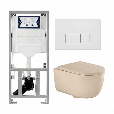 QeramiQ Dely Swirl Ensemble WC- 36.3x51.7cm - Réservoir encastré Geberit UP320 - Abattant de 35mm d'épaisseur - Plaque de commande en métal blanc mat - Boutons rectangulaires - Beige