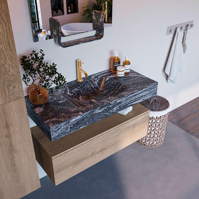 Mondiaz ALAN-DLUX Ensemble de meuble - 100cm - meuble Washed Oak mat - 1 tiroir - Lavabo Cloud Lava suspendu - vasque Centre - 1 trou de robinet