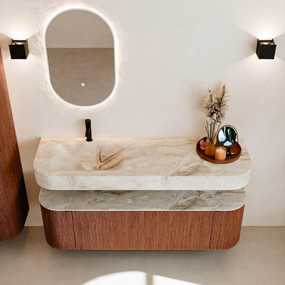 MONDIAZ THOR-DLUX 150cm meuble de salle de bains arrondi gauche + droite couleur Ruby avec 1 tiroir et 2 portes. Vasque suspendue CLOUD Gauche 1 trou de robinet couleur Frappe.