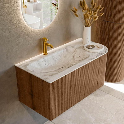 MONDIAZ KURVE-DLUX 95cm Meuble salle de bain avec module 25 D - couleur Walnut - 1 tiroir - 1 porte - vasque BIG SMALL gauche - 1 trou de robinet - couleur Glace