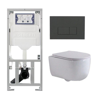 QeramiQ Dely Swirl Ensemble toilette - 36.3x51.7cm - réservoir encastré Geberit UP320 - avec cadre Burda - abattant slim - plaque de commande anthracite mat - boutons rectangulaires - blanc mat