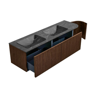 MONDIAZ KURVE-DLUX meuble de salle de bains 155 cm avec module 25 R couleur Walnut avec 2 tiroirs et 1 porte. Vasque LEAF double / gauche 2 trous de robinet couleur Lava.