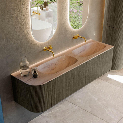 MONDIAZ KURVE-DLUX Meuble de salle de bains 165cm arrondi à gauche couleur Shadow avec 2 tiroirs et 1 porte. Plan-vasque STOR SMALL Double / Droite sans trou de robinet Saba.