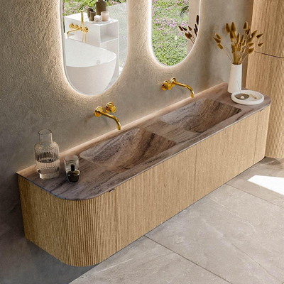 MONDIAZ KURVE-DLUX Meuble de salle de bains 180cm arrondi à gauche + à droite couleur chêne avec 2 tiroirs et 2 portes. Vasque LEAF double sans trou de robinet Oza.