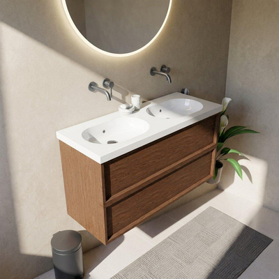Saniclass Holz Frame Ensemble de meuble de salle de bains - 120x45x63.5cm - lavabo en céramique Palermo blanc - 2 vasques - sans trous de robinetterie - 2 tiroirs - walnut pure mat (bois)