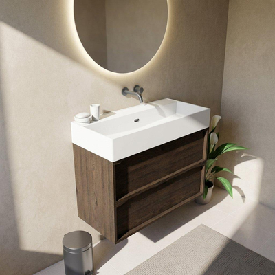 Saniclass Holz Frame Ensemble meuble de salle de bains - 100x45x72cm - Legend lavabo en céramique blanc mat - 1 vasque - sans trou de robinet - 2 tiroirs - chêne charcoal mat (bois)