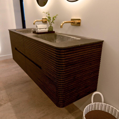 Mondiaz CIRO-DLUX Badkamermeubelset - 150x45x50cm - Solid surface wastafel Lava - 2 wasbak Dubbel - zonder kraangaten - 4 lades - Walnut