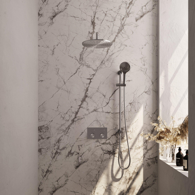 BRAUER Brushed Edition Douche de pluie thermostatique encastrée - boutons-poussoirs - SET 70 - pomme de douche 30cm - bras mural courbé - douchette 3 jets - flexible de douche - barre de douche intégrée - inox brossé PVD