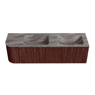 MONDIAZ KURVE-DLUX 155cm badmeubel ronding Links kleur Ruby met 2 lades en 1 deur. Wastafel LEAF Dubbel / Rechts 2 kraangaten Oza.