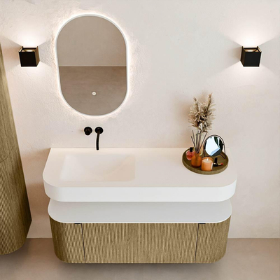 MONDIAZ THOR Meuble de salle de bains 130cm arrondi gauche + droite couleur Dusk avec 1 tiroir et 2 portes. Vasque suspendue CLOUD Gauche sans trou de robinet couleur Talc.