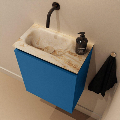 MONDIAZ TURE-DLUX Meuble toilette - 40cm - Jeans - EDEN - vasque Frappe - position gauche - sans trou de robinet