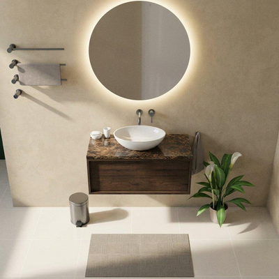 Saniclass Holz Frame Ensemble de meubles de salle de bains - 100x45x43cm - Plan en pierre naturelle Noche dark emperador - sans trou de robinet - 1 tiroir - chêne charcoal mat (bois)