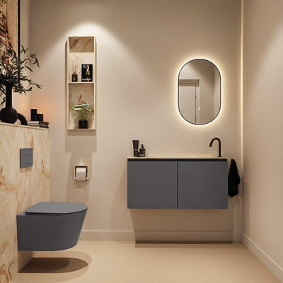 MONDIAZ TURE-DLUX meuble WC 100 cm Dark Grey. EDEN lavabo Frappe position droite. Avec 1 trou de robinet.