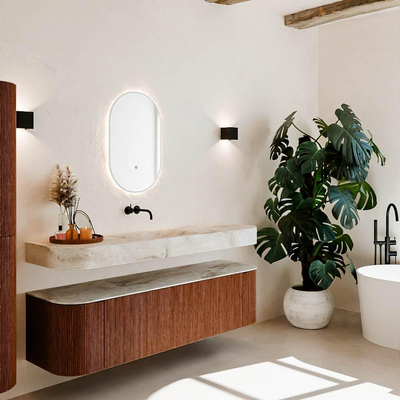 MONDIAZ THOR-DLUX 170cm meuble de salle de bains arrondi gauche + droite couleur Ruby avec 1 tiroir et 2 portes. Vasque suspendue CLOUD Milieu sans trou de robinet couleur Frappe.