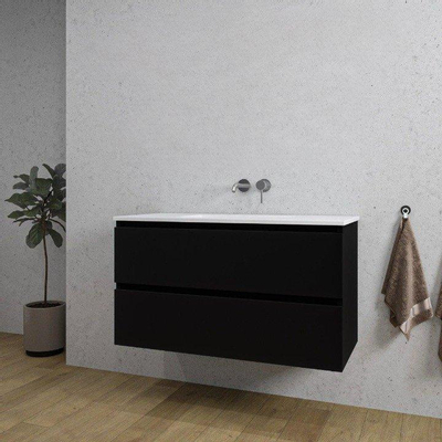 Saniclass Chaci Meuble de salle de bain - 100x45x55cm - lavabo en céramique brillant blanc - 1 vasque - sans trou de robinet - 2 tiroirs - noir mat