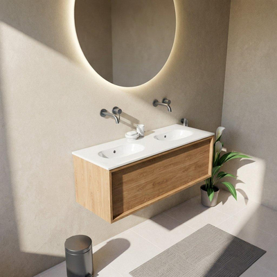 Saniclass Holz Frame Ensemble de meubles de salle de bains - 120x45x54cm - lavabo Chaci en céramique blanc - 2 vasques - sans trous de robinetterie - 1 tiroir - chêne natural mat (bois)
