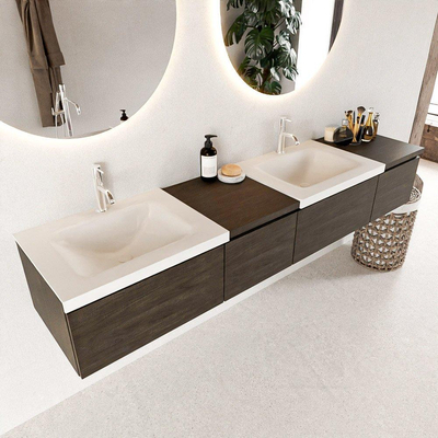 MONDIAZ BUKLA Meuble de salle de bains 200 cm avec module 40 gauche couleur Dark Brown avec 4 tiroirs. Lavabo CLOUD double 2 trous de robinet couleur Talc.