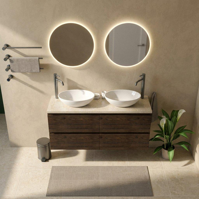 Saniclass Holz Pure Ensemble de meubles de salle de bains - 140x45x63cm - Plateau en pierre naturelle travertin - 2 trous de robinet - 4 tiroirs - chêne charcoal mat (bois)