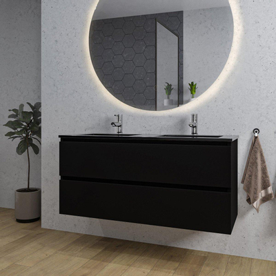 Saniclass Chaci Ensemble meuble de salle de bains - 120x46x55cm - lavabo céramique noir - 2 vasques - 2 trous de robinet - 2 tiroirs - miroir rond avec éclairage - noir mat