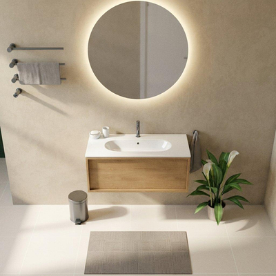 Saniclass Holz Frame Ensemble meuble de salle de bains - 100x45x53.9cm - lavabo Chaci en céramique blanc - 1 vasque - 1 trou de robinet - 1 tiroir - chêne naturel mat (bois)
