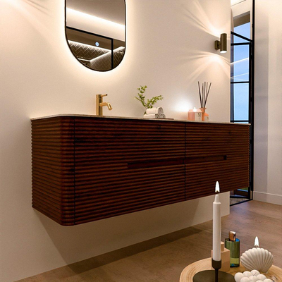 Mondiaz CIRO-DLUX Badkamermeubelset - 160x45x50cm - Solid surface wastafel Frappe - 1 wasbak Links - 1 kraangat - 4 lades - Ruby