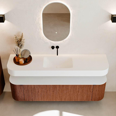 MONDIAZ THOR 170cm badmeubel ronding links + rechts kleur Ruby met 1 lade en 2 deuren. Vrijhangende wastafel CLOUD Midden zonder kraangat kleur Talc.