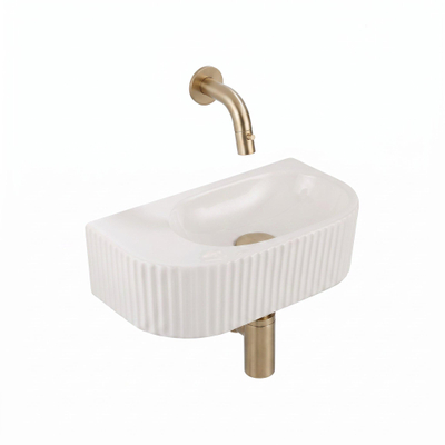 QeramiQ Fuente Fontein - 40x22x12cm - ribbel - halfrond - zonder fonteinkraangat - keramiek - fonteinkraan geborsteld messing- verlaagd sifon - afvoerplug - linnen