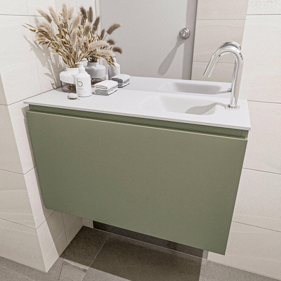 MONDIAZ OLAN Toiletmeubel 80x30x40cm met 1 kraangaten 1 lades army mat Wastafel Lex rechts Solid Surface Wit