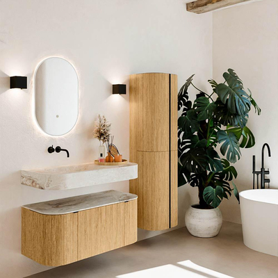 MONDIAZ THOR-DLUX 100cm badmeubel ronding links + rechts kleur Oak met 1 lade en 2 deuren. Vrijhangende wastafel CLOUD Links zonder kraangat kleur Frappe.