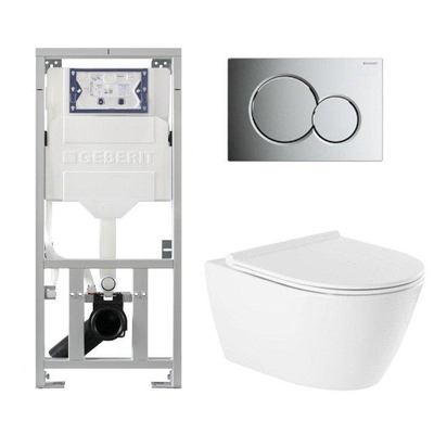 QeramiQ Salina Toiletset - rimless - diepspoel - softclose - quickrelease zitting - Geberit Sigma01 bedieningsplaat glans verchroomd - glans wit