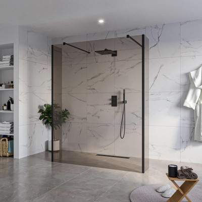 Fortifura Galeria Vrijstaande Inloopdouche - 160x200cm - Rookglas - antikalk - 8mm veiligheidsglas - 2 zijwanden - 30cm - wandsteunen en hoekprofielen - mat zwart