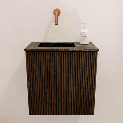 Mondiaz JOYA-DLUX 40cm toiletmeubel - kleur Walnut - Wastafel FAYE positie Links Zonder kraangat kleur Lava.