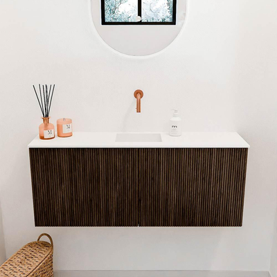 Mondiaz JOYA 100cm meuble de salle de bains - couleur Walnut - Vasque FAYE position Milieu Sans trou de robinet couleur Talc