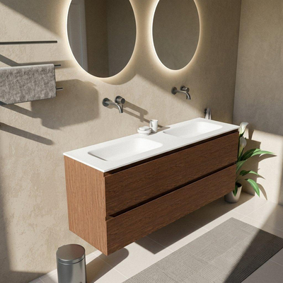 Saniclass Holz Pure Ensemble de meubles de salle de bains - 160x45x61.5cm - Flow lavabo en solid surface blanc - 2 vasques - sans trous de robinetterie - 4 tiroirs - walnut pure mat (bois)