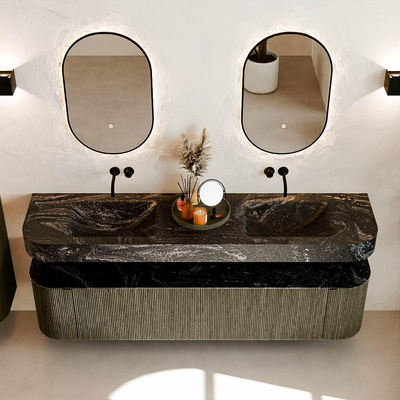 MONDIAZ THOR-DLUX 190cm meuble de salle de bains arrondi gauche + droite couleur Shadow avec 2 tiroirs et 2 portes. Vasque suspendue CLOUD Double sans trou de robinet couleur Lava.